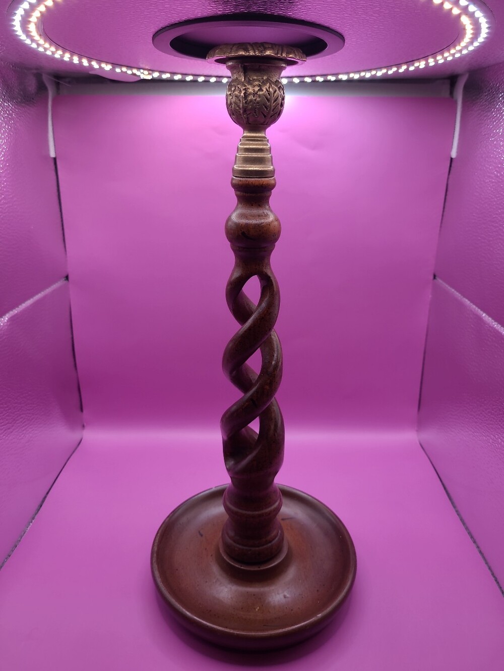 Antique /‎ Vintage English Oak & Brass Open Barley Twist Candlestick Holder